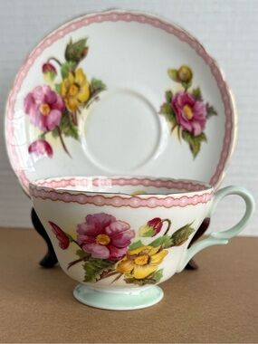 VTG Shelley Fine Bone China Teacup and Saucer "Begonia" Pink and Yellow Blossoms